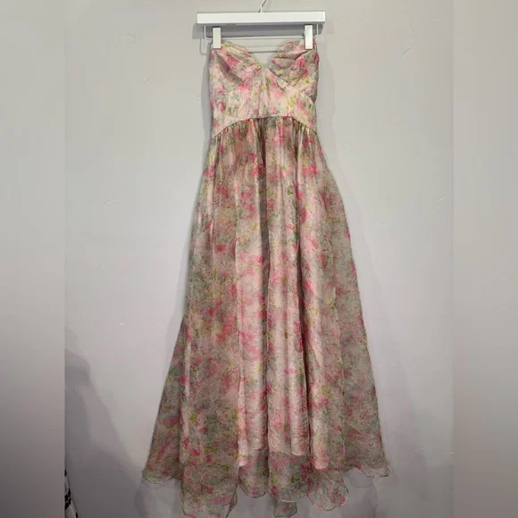 ML Monique Lhuillier Strapless Sweetheart Organaza Pink Pastel Floral Dress - Picture 2 of 6
